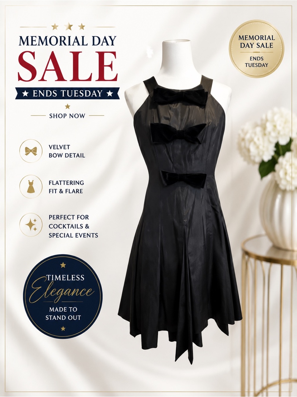 David Meister Black Velvet Bow Cocktail Dress Elegant Fit & Flare Size 6